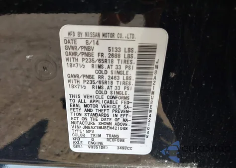 2014 Nissan Murano Sl из США, поврежденный, VIN JN8AZ1MU8EW421048